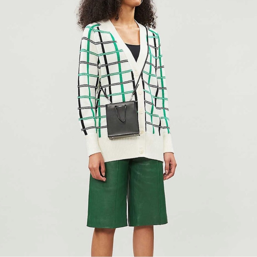 Maje Cream Cardigan with Black and Green Windowpane Pattern
